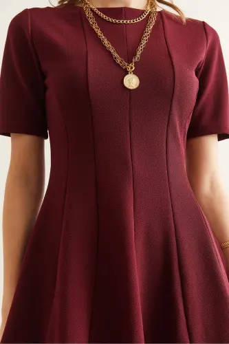 Kadın Bordo Parçalı Trend Mini Kloş Elbise ELB-19002344 - Bordo - OLALOOK (1)