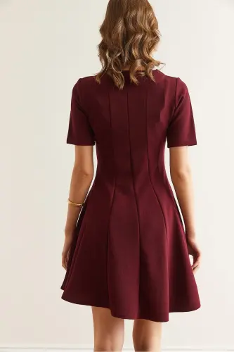 Kadın Bordo Parçalı Trend Mini Kloş Elbise ELB-19002344 - Bordo - 3
