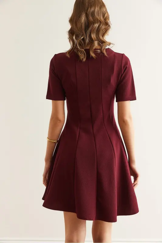 Kadın Bordo Parçalı Trend Mini Kloş Elbise ELB-19002344 - Bordo - 3