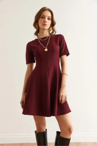 Kadın Bordo Parçalı Trend Mini Kloş Elbise ELB-19002344 - Bordo - 4