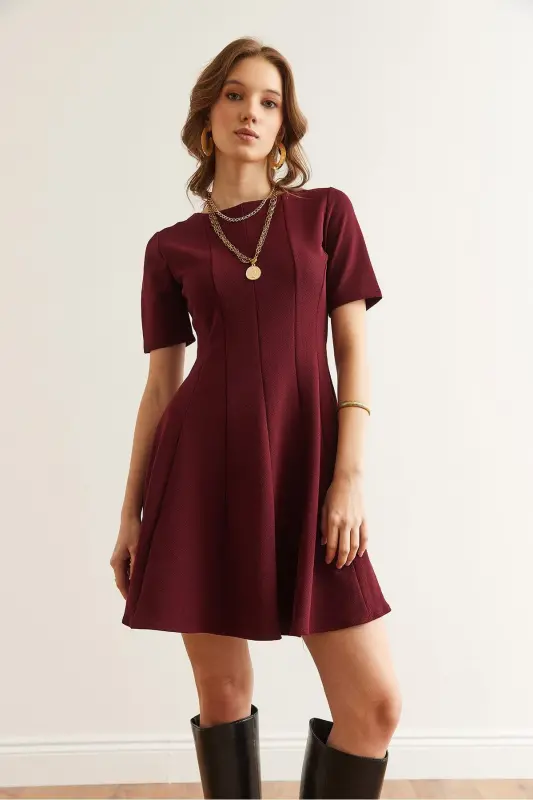 Kadın Bordo Parçalı Trend Mini Kloş Elbise ELB-19002344 - Bordo - 4