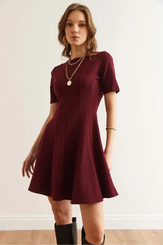 Kadın Bordo Parçalı Trend Mini Kloş Elbise ELB-19002344 - Bordo - 5