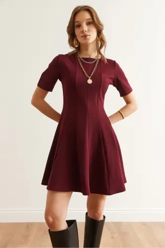 Kadın Bordo Parçalı Trend Mini Kloş Elbise ELB-19002344 - Bordo - 6