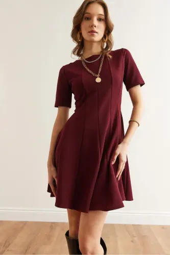 Kadın Bordo Parçalı Trend Mini Kloş Elbise ELB-19002344 - Bordo - 7