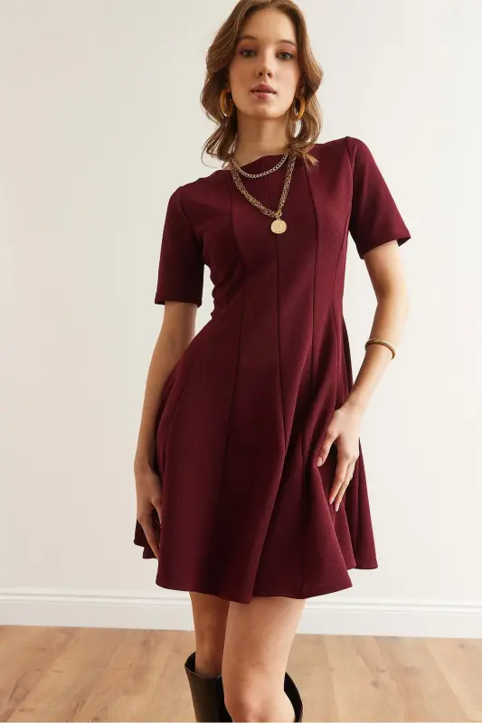 Kadın Bordo Parçalı Trend Mini Kloş Elbise ELB-19002344 - Bordo - 7