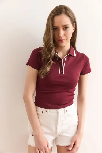 Kadın Bordo Polo Yaka Crop Pamuk Bluz BLZ-19002942 - Bordo - 2