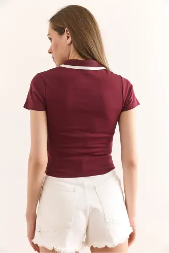 Kadın Bordo Polo Yaka Crop Pamuk Bluz BLZ-19002942 - Bordo - 6