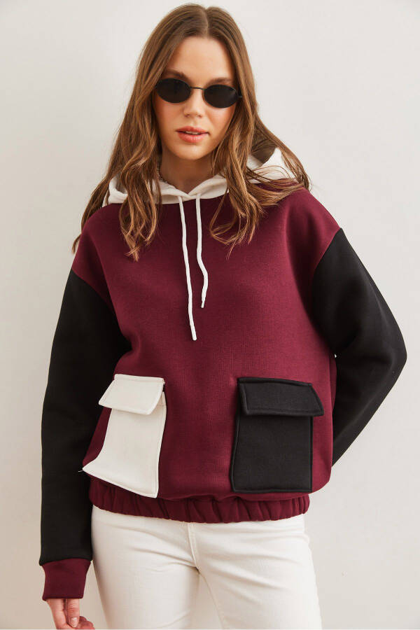 Kadın Bordo Renk Bloklu İçi Polarlı Sweatshirt SWT-19000327 - Bordo - 9