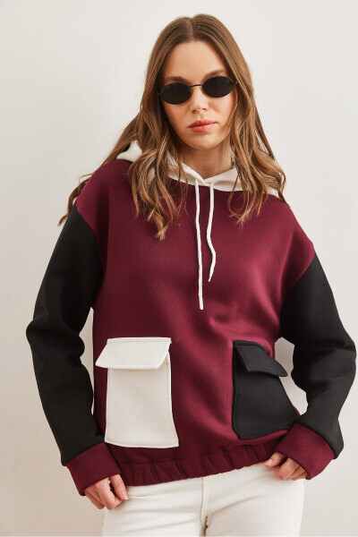 Kadın Bordo Renk Bloklu İçi Polarlı Sweatshirt SWT-19000327 - Bordo - 13