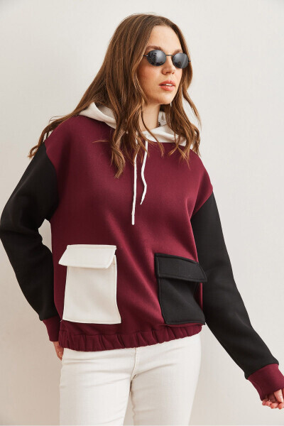 Kadın Bordo Renk Bloklu İçi Polarlı Sweatshirt SWT-19000327 - Bordo - 14