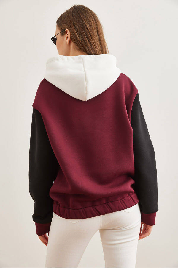 Kadın Bordo Renk Bloklu İçi Polarlı Sweatshirt SWT-19000327 - Bordo - 15