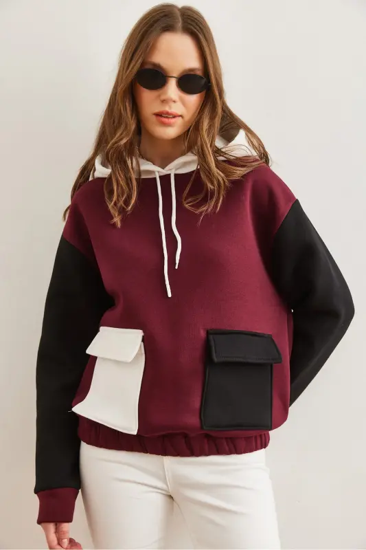 Kadın Bordo Renk Bloklu İçi Polarlı Sweatshirt SWT-19000327 - Bordo - 2