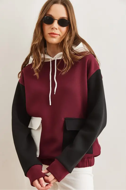 Kadın Bordo Renk Bloklu İçi Polarlı Sweatshirt SWT-19000327 - Bordo - 3
