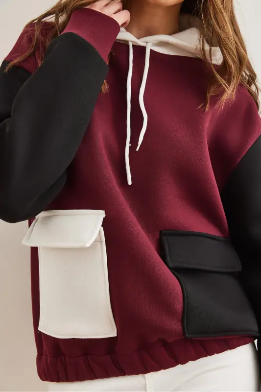 Kadın Bordo Renk Bloklu İçi Polarlı Sweatshirt SWT-19000327 - Bordo - 5
