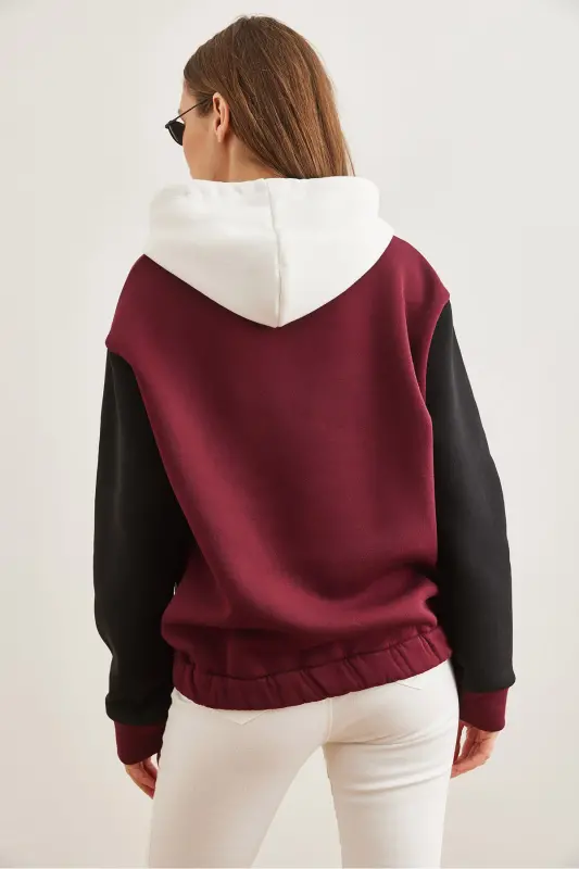 Kadın Bordo Renk Bloklu İçi Polarlı Sweatshirt SWT-19000327 - Bordo - 8