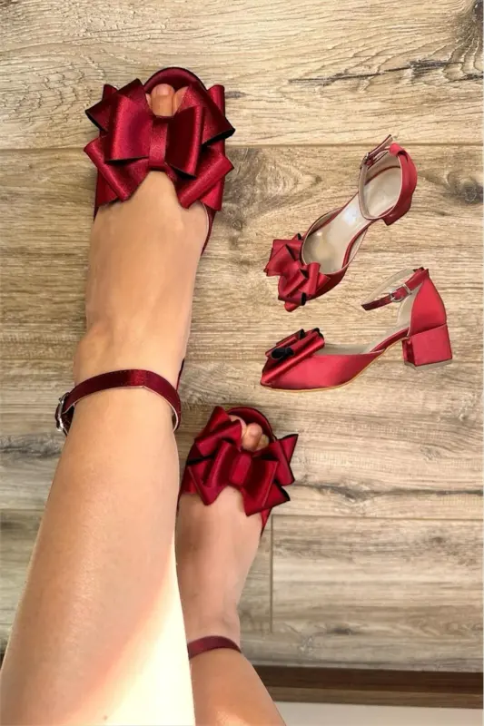 Kadın Bordo Renk Saten Fiyonklu Rahat 5 Cm Kalın Topuklu Abiye Gelin Ayakkabısı - BORDO - 1
