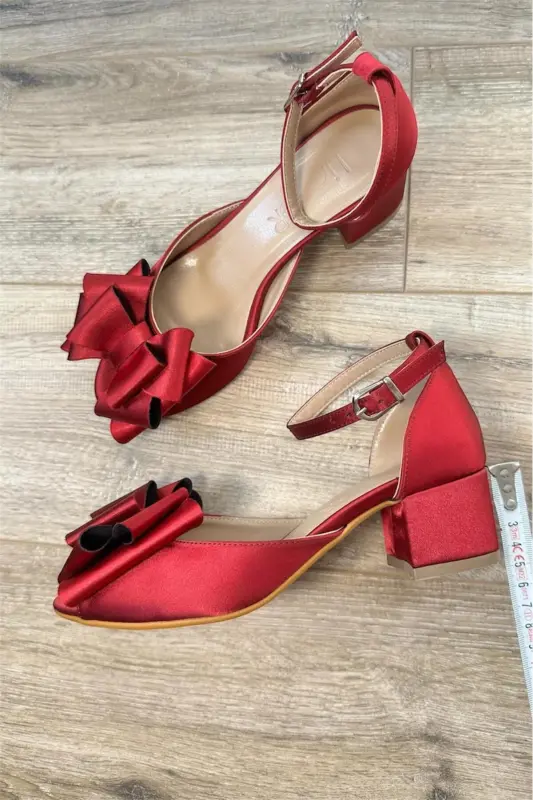 Kadın Bordo Renk Saten Fiyonklu Rahat 5 Cm Kalın Topuklu Abiye Gelin Ayakkabısı - BORDO - 5