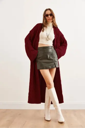 Kadın Bordo Saç Örgü Manşet Katlamalı Maxi Triko Hırka HRK-19000327-Bordo - 3