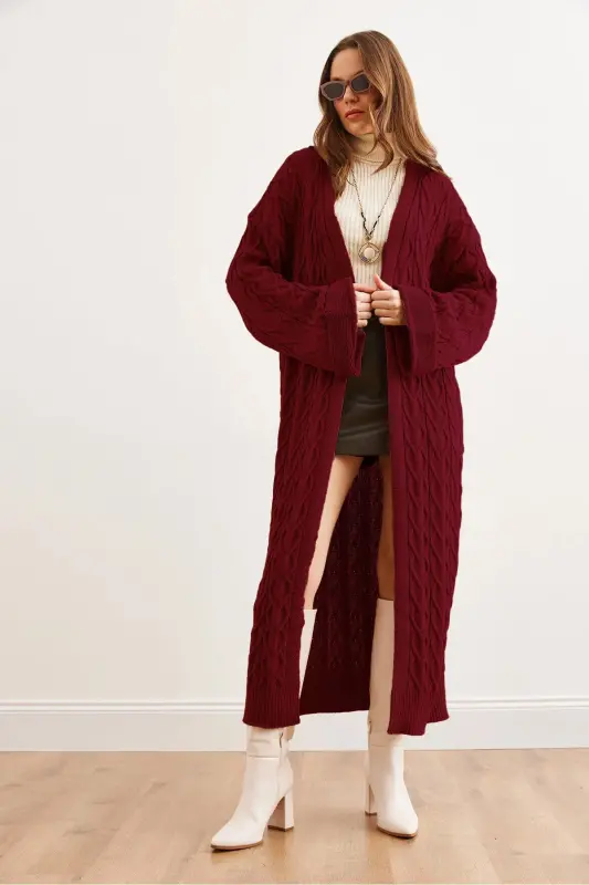 Kadın Bordo Saç Örgü Manşet Katlamalı Maxi Triko Hırka HRK-19000327 - Bordo - OLALOOK