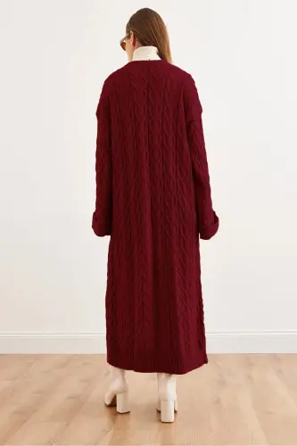 Kadın Bordo Saç Örgü Manşet Katlamalı Maxi Triko Hırka HRK-19000327 - Bordo - 4