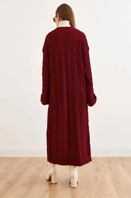 Kadın Bordo Saç Örgü Manşet Katlamalı Maxi Triko Hırka HRK-19000327 - Bordo - 4