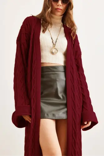 Kadın Bordo Saç Örgü Manşet Katlamalı Maxi Triko Hırka HRK-19000327-Bordo - 2