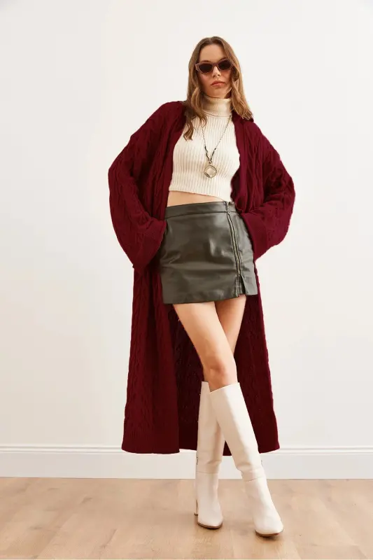 Kadın Bordo Saç Örgü Manşet Katlamalı Maxi Triko Hırka HRK-19000327-Bordo - 3