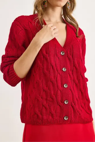 Kadın Bordo Saç Örgülü Triko Hırka HRK-19000298-Bordo - 3