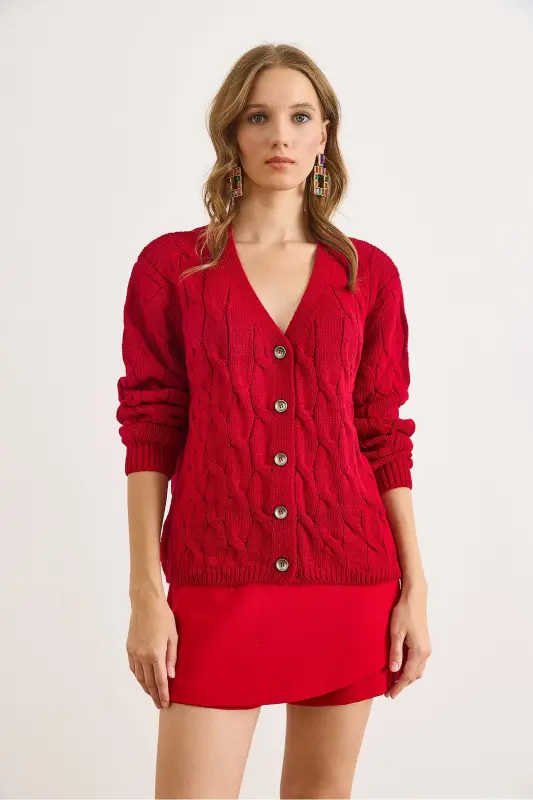 Kadın Bordo Saç Örgülü Triko Hırka HRK-19000298-Bordo - 6