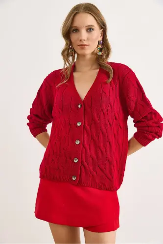 Kadın Bordo Saç Örgülü Triko Hırka HRK-19000298 - Bordo - 4