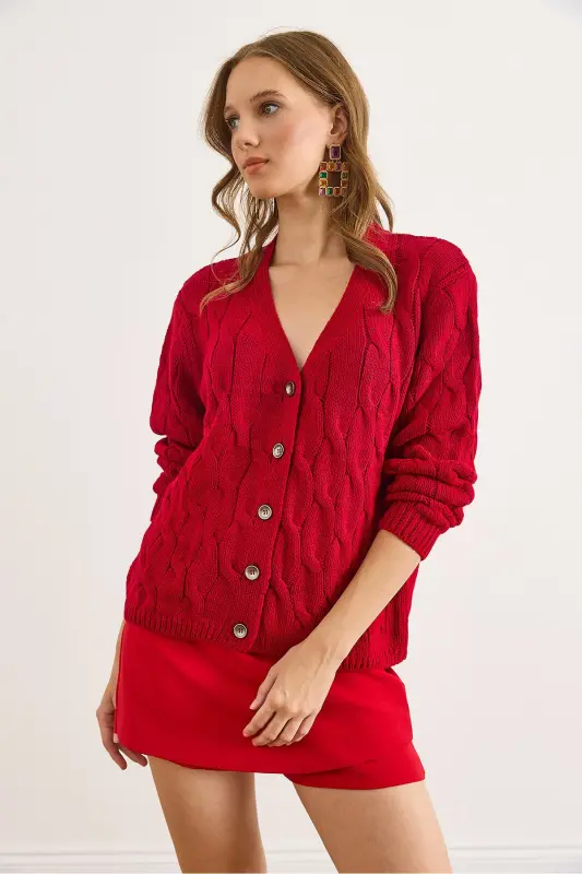 Kadın Bordo Saç Örgülü Triko Hırka HRK-19000298 - Bordo - 5