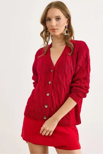 Kadın Bordo Saç Örgülü Triko Hırka HRK-19000298 - Bordo 
