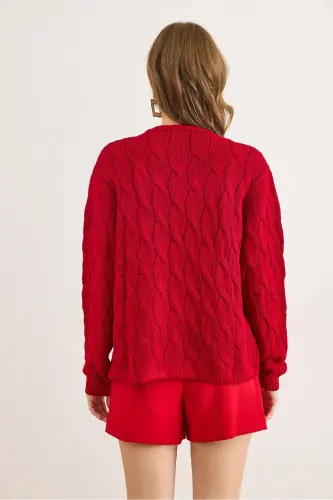 Kadın Bordo Saç Örgülü Triko Hırka HRK-19000298 - Bordo - OLALOOK (1)