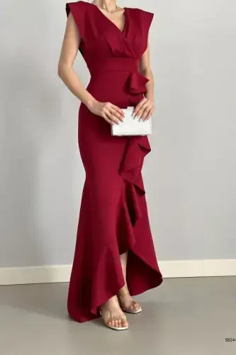 Kadın Bordo Scuba Dalgıç Kumaş Kruvaze Yaka Eteği Volanlı Abiye Mezuniyet Nikah Elbise-bordo - 2