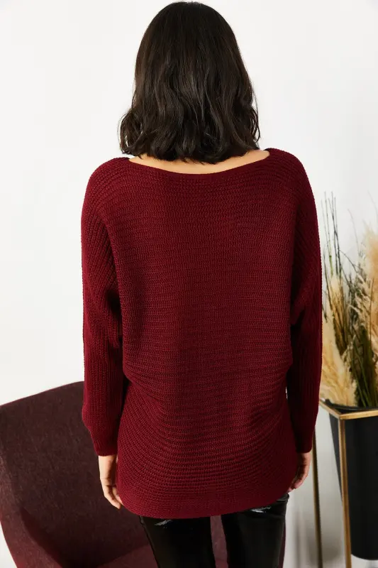 Kadın Bordo Selanik Salaş Triko Kazak KZK-19000051-Bordo - 4