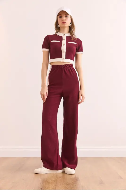 Kadın Bordo Şeritli Alt Üst Fitilli Takım TKM-19000371 - Bordo - 2