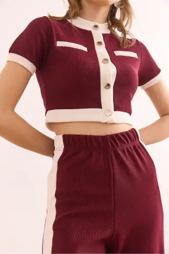 Kadın Bordo Şeritli Alt Üst Fitilli Takım TKM-19000371 - Bordo - 5