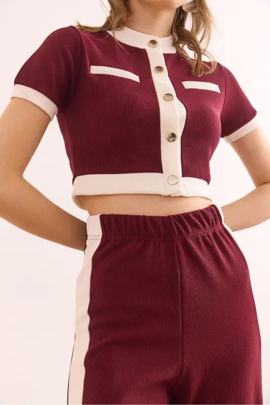 Kadın Bordo Şeritli Alt Üst Fitilli Takım TKM-19000371 - Bordo - 5