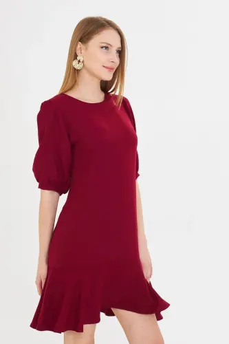 Kadın Bordo Sıfır Yaka Çeyrek Kol Eteği Volanlı Elbise ARM-25Y001007-Bordo - 2