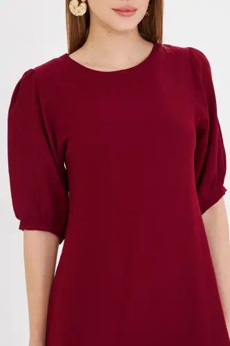 Kadın Bordo Sıfır Yaka Çeyrek Kol Eteği Volanlı Elbise ARM-25Y001007-Bordo - 4