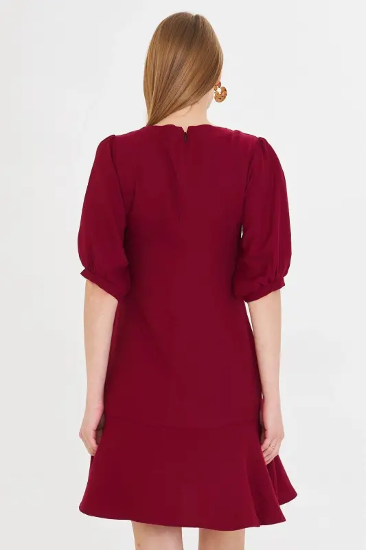 Kadın Bordo Sıfır Yaka Çeyrek Kol Eteği Volanlı Elbise ARM-25Y001007-Bordo - 5