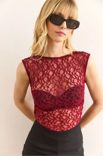 Kadın Bordo Sırt Dekolteli Yanı Büzgülü Dantel Bluz BLZ-19002962-Bordo 