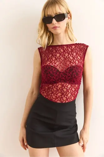 Kadın Bordo Sırt Dekolteli Yanı Büzgülü Dantel Bluz BLZ-19002962-Bordo - 4