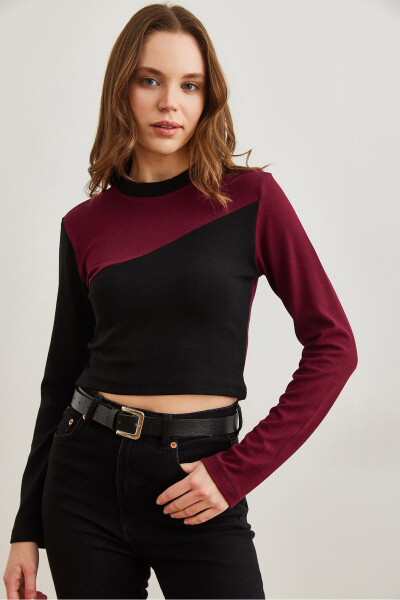 Kadın Bordo Siyah Asimetrik Bloklu Soft Touch Esnek Bluz BLZ-19002797-Bordo Siyah - 2