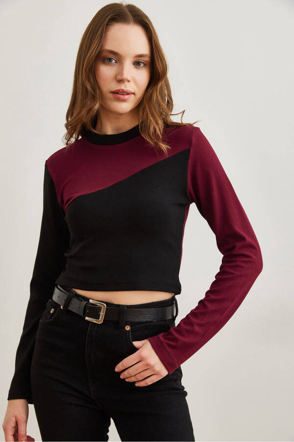 Kadın Bordo Siyah Asimetrik Bloklu Soft Touch Esnek Bluz BLZ-19002797-Bordo Siyah - 2