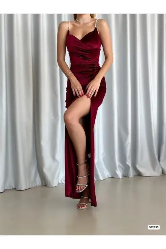 Kadın Bordo Taş Askılı Yırtmaçlı Kadife Kumaş Abiye Elbise Nişan Düğün Mezuniyet Elbisesi-Bordo - 3