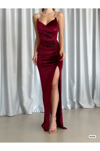 Kadın Bordo Taş Askılı Yırtmaçlı Kadife Kumaş Abiye Elbise Nişan Düğün Mezuniyet Elbisesi-Bordo - 4