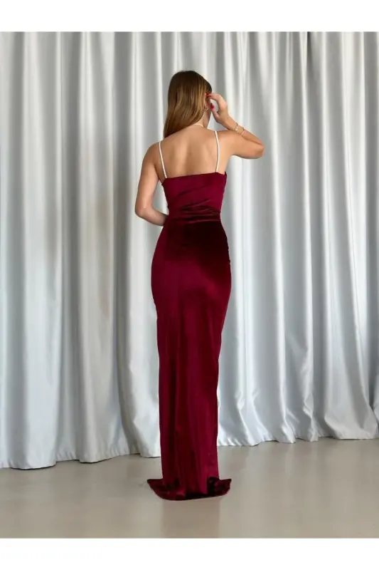 Kadın Bordo Taş Askılı Yırtmaçlı Kadife Kumaş Abiye Elbise Nişan Düğün Mezuniyet Elbisesi-Bordo - 5