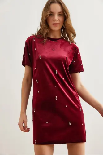 Kadın Bordo Taş Detaylı Bisiklet Yaka Mini Kadife Elbise ELB-19002303 - 1