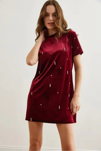 Kadın Bordo Taş Detaylı Bisiklet Yaka Mini Kadife Elbise ELB-19002303 - 4